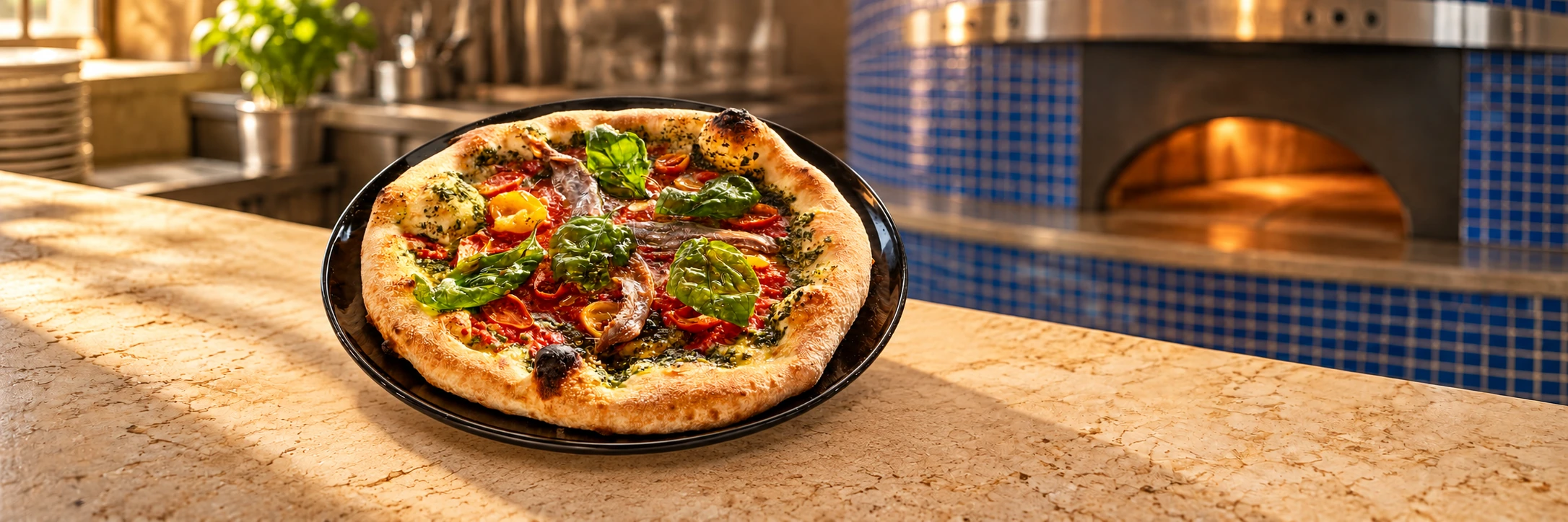Pizza neapolitańska z anchois, pomidorkami i bazylią na czarnym talerzu, z niebieskim piecem w tle