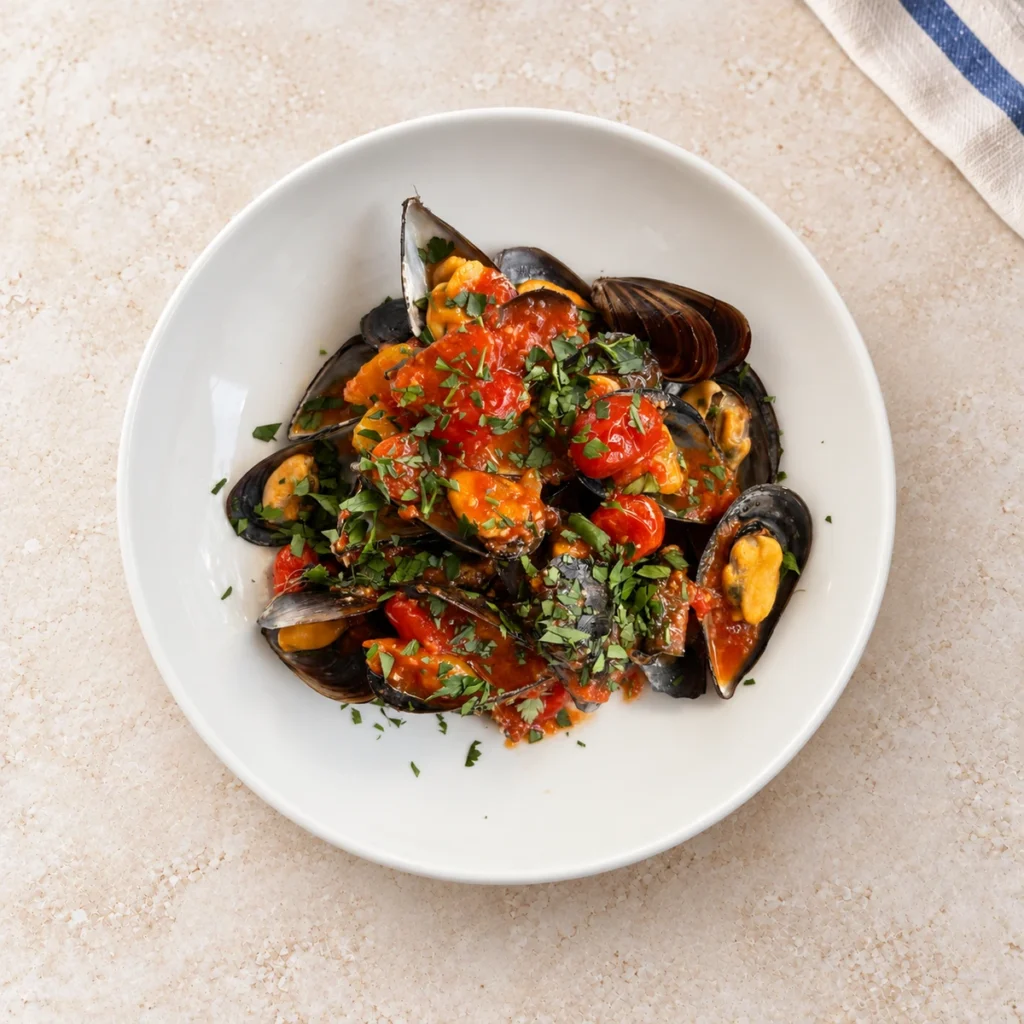 Cozze al Pomodoro — mule w muszlach z sosem pomidorowym i natką pietruszki