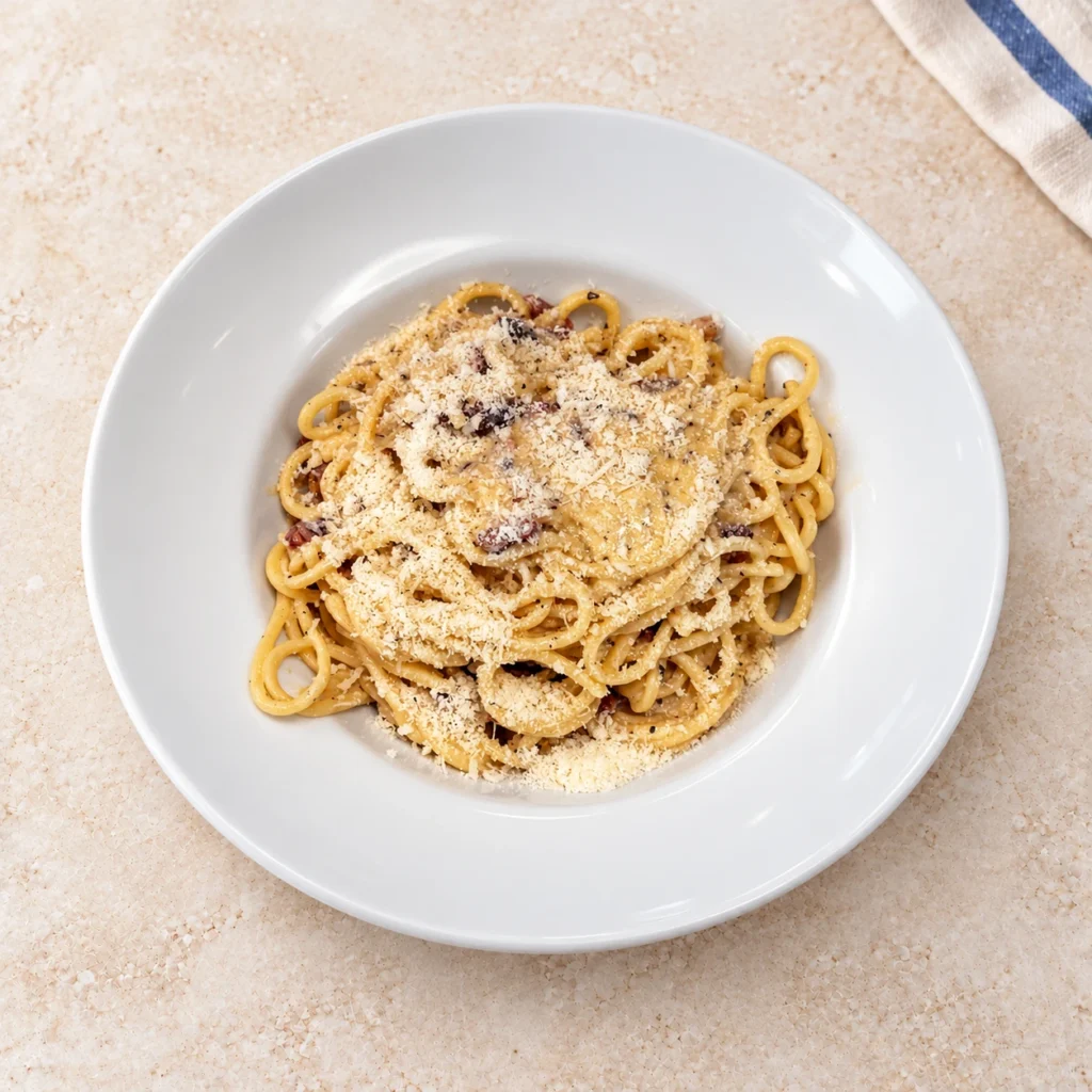 Makaron Carbonara posypany tartym serem i pieprzem na białym talerzu
