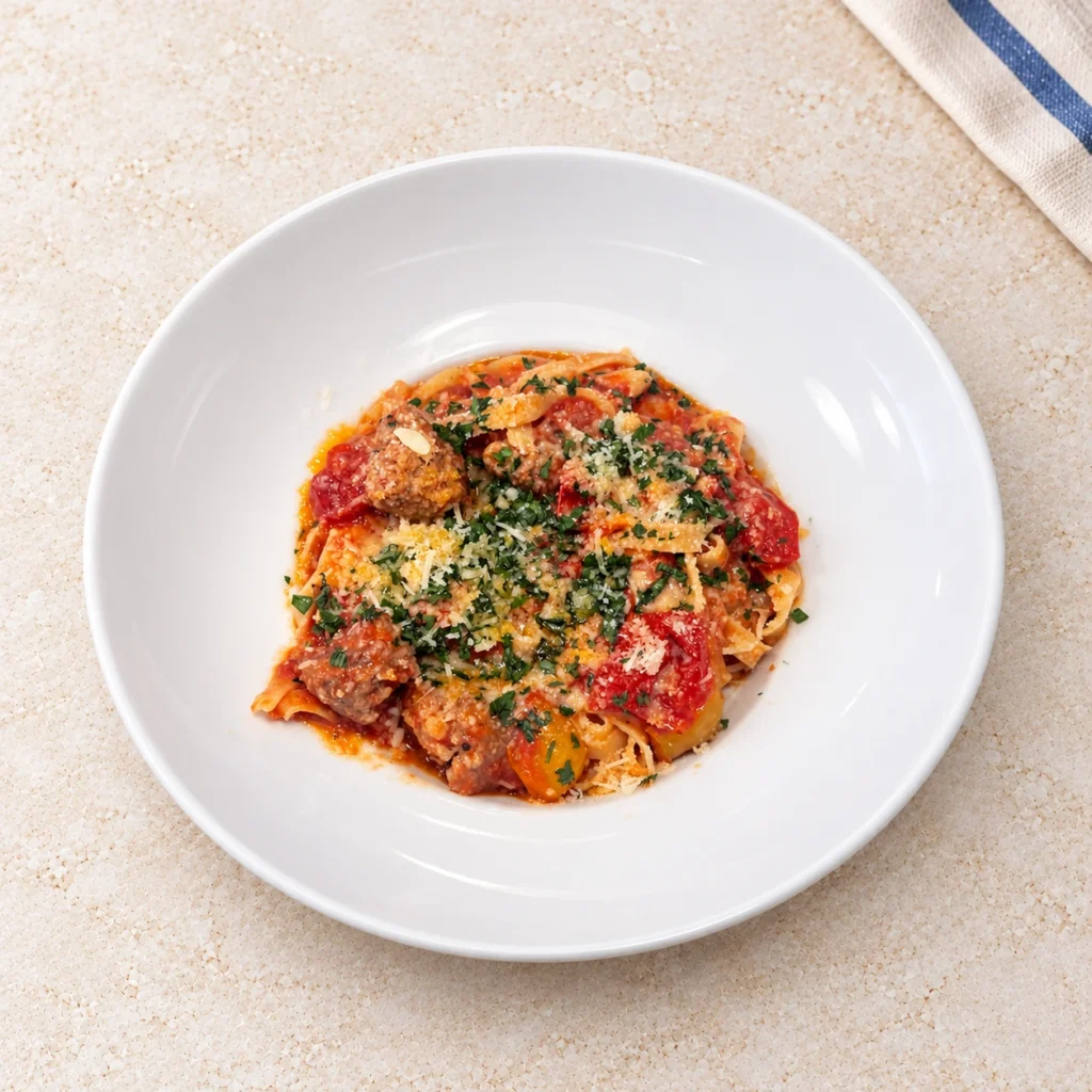 Makaron Polpettine al Pomodoro z pulpecikami w sosie pomidorowym, serem i ziołami
