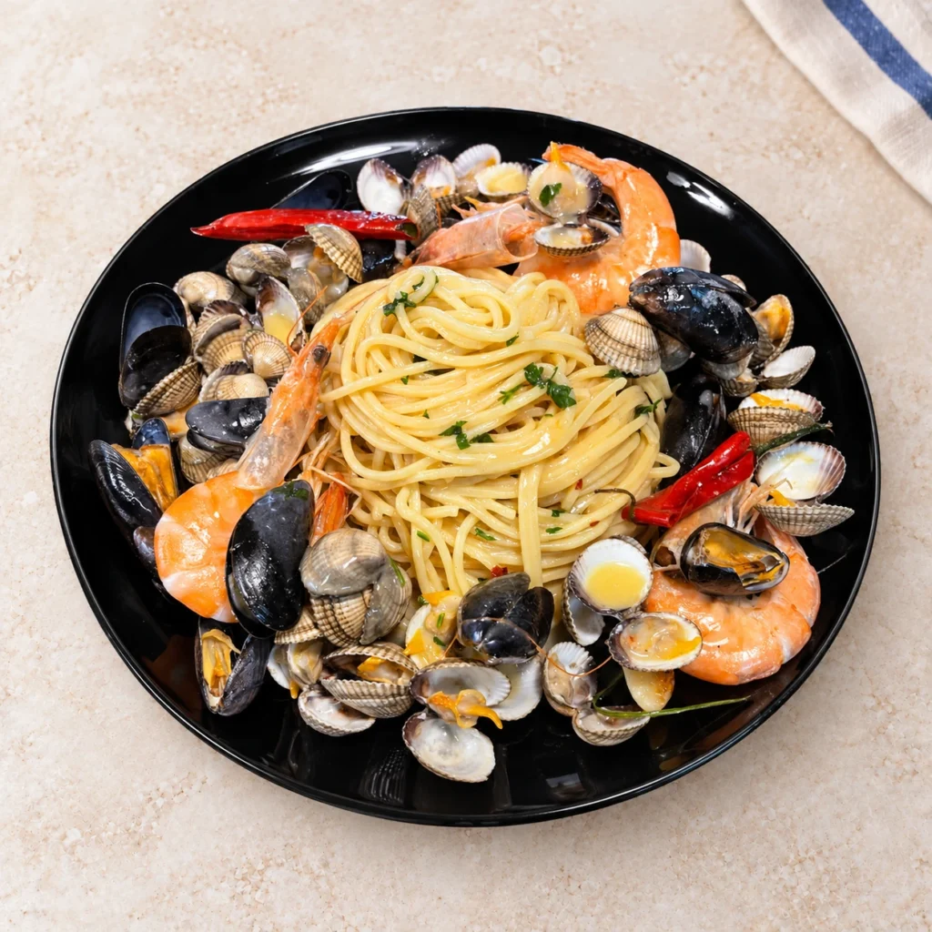 Spaghetti Frutti di Mare z małżami i krewetkami na czarnym talerzu