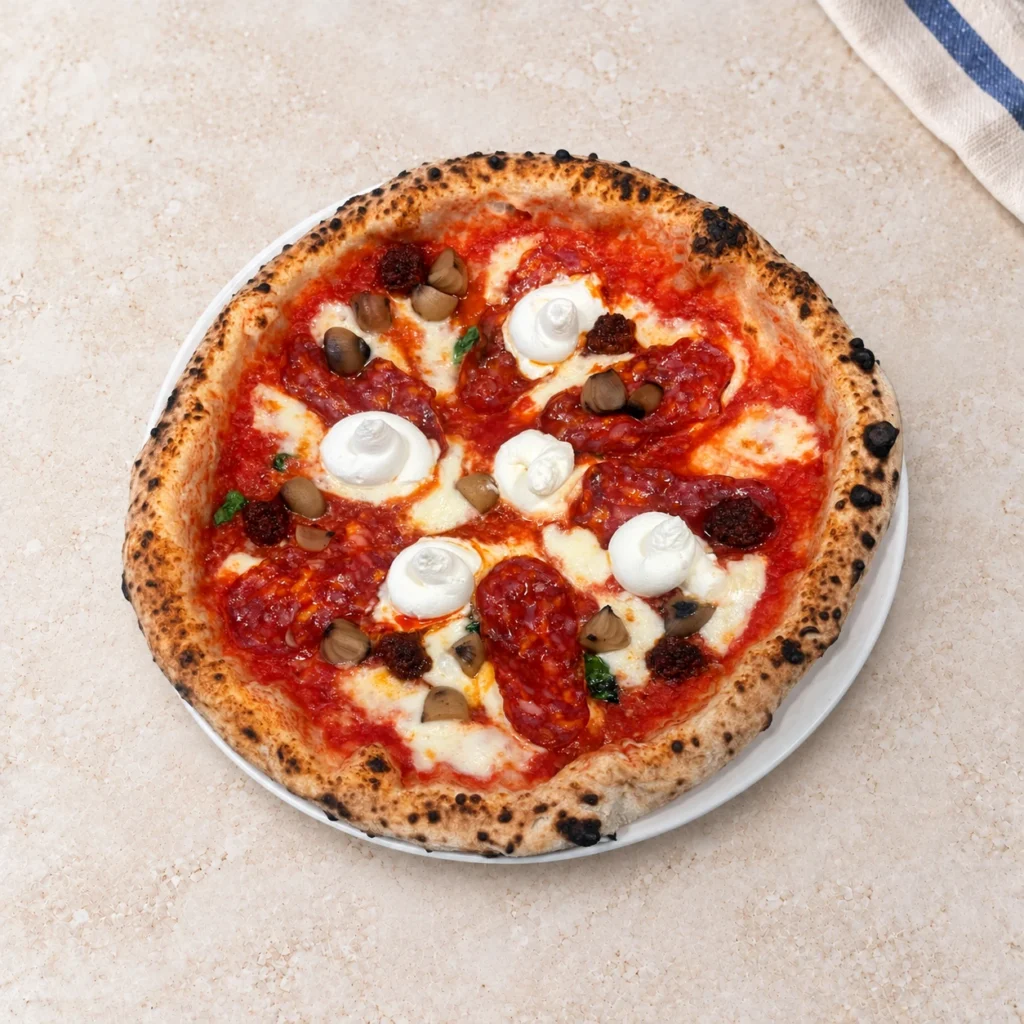 Pizza Calabria z salami, grzybami i kleksami białego sera