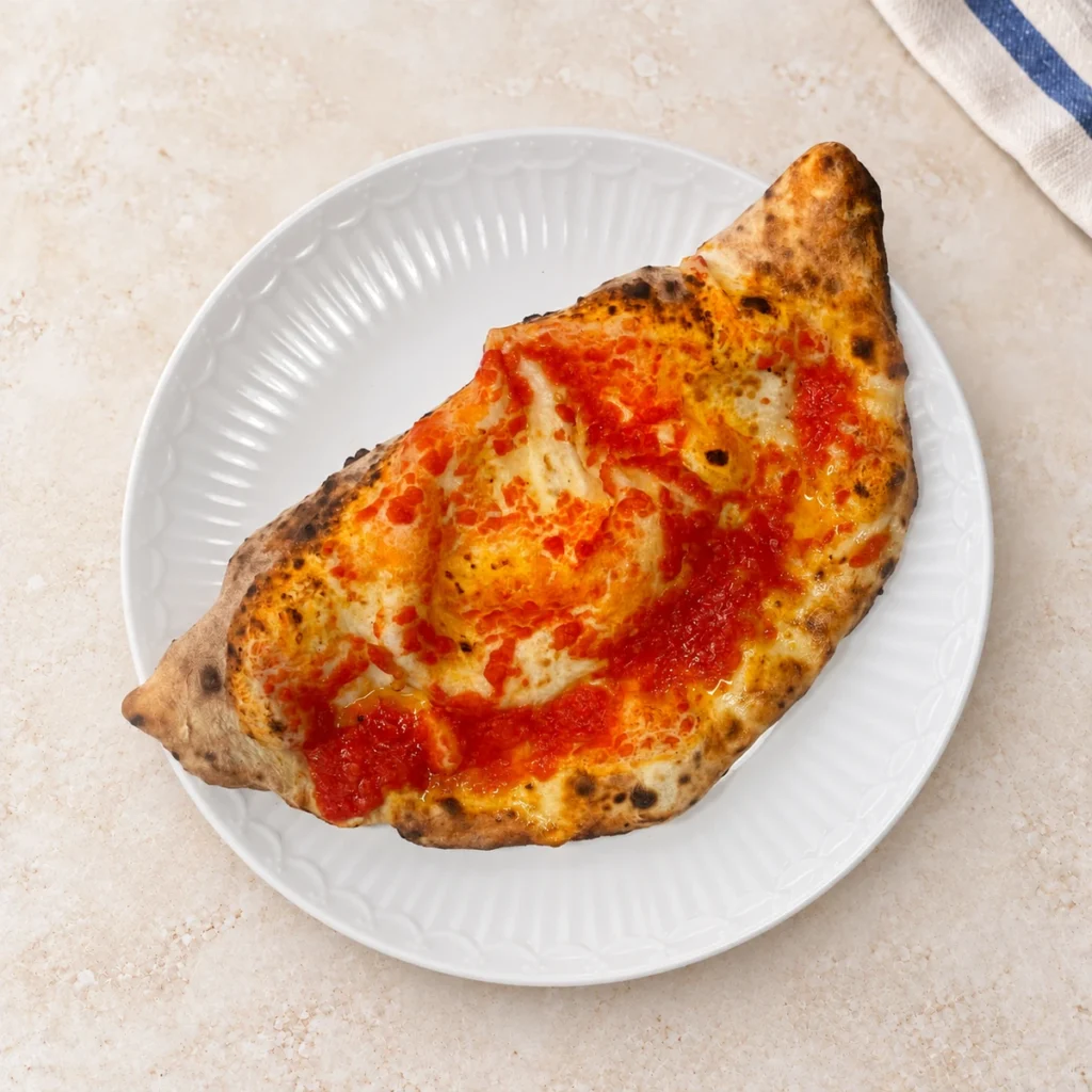 Calzone Napoletano w kształcie półksiężyca z sosem pomidorowym na białym talerzu