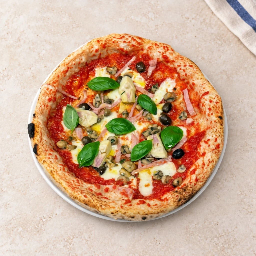 Pizza Capricciosa z szynką, karczochami, oliwkami i bazylią
