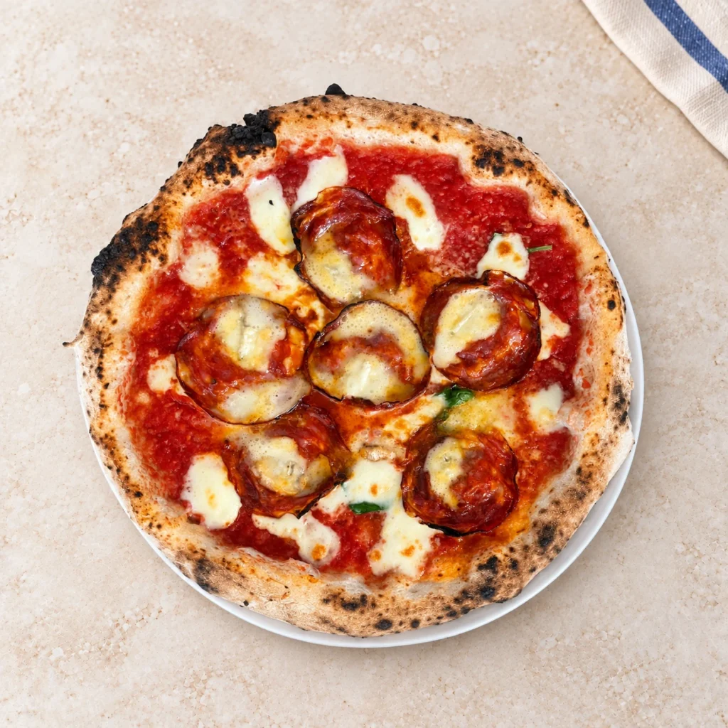 Pizza Diavola e Gorgonzola z plasterkami salami i roztopionym serem