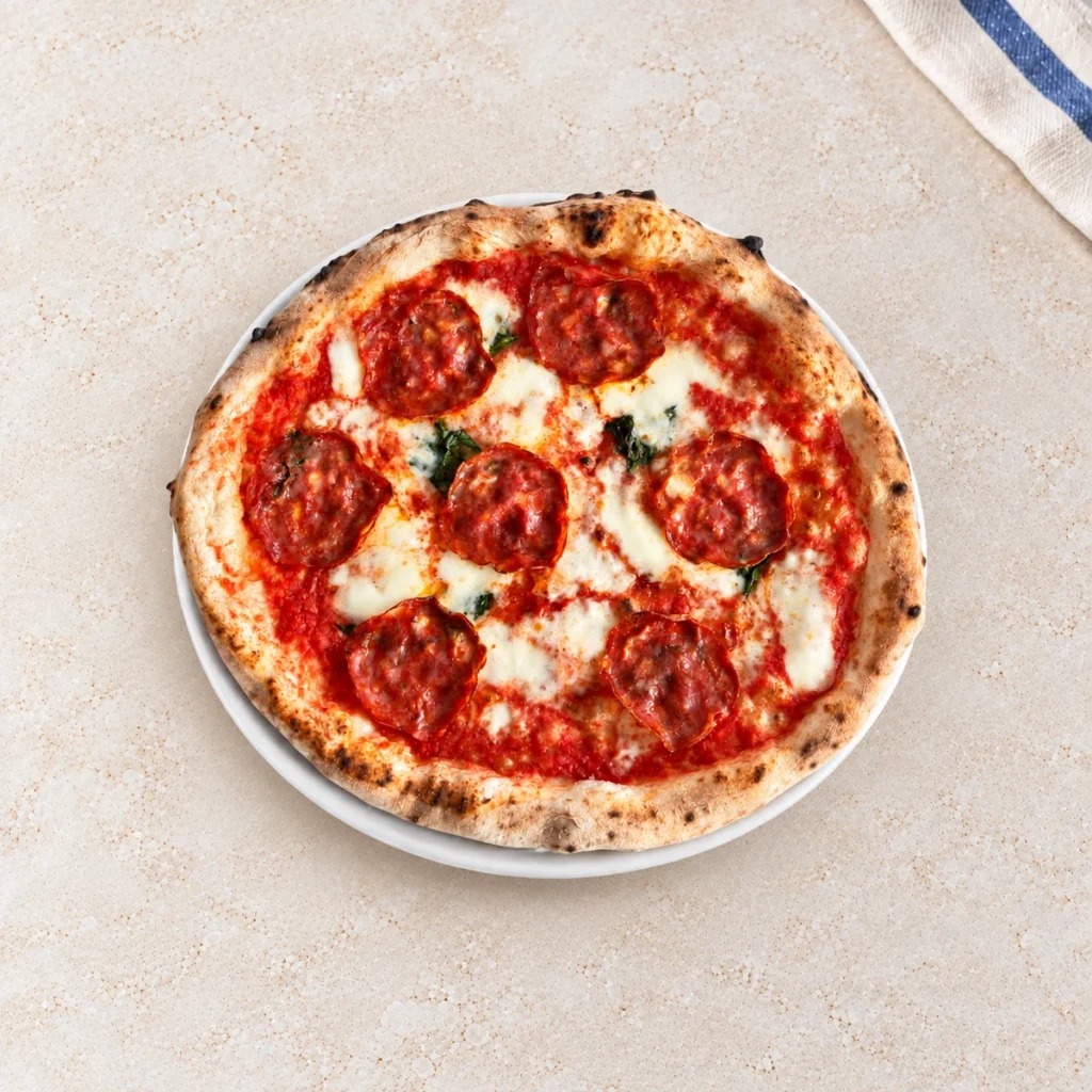 Pizza Diavola z pikantnym salami, mozzarellą, sosem pomidorowym i bazylią