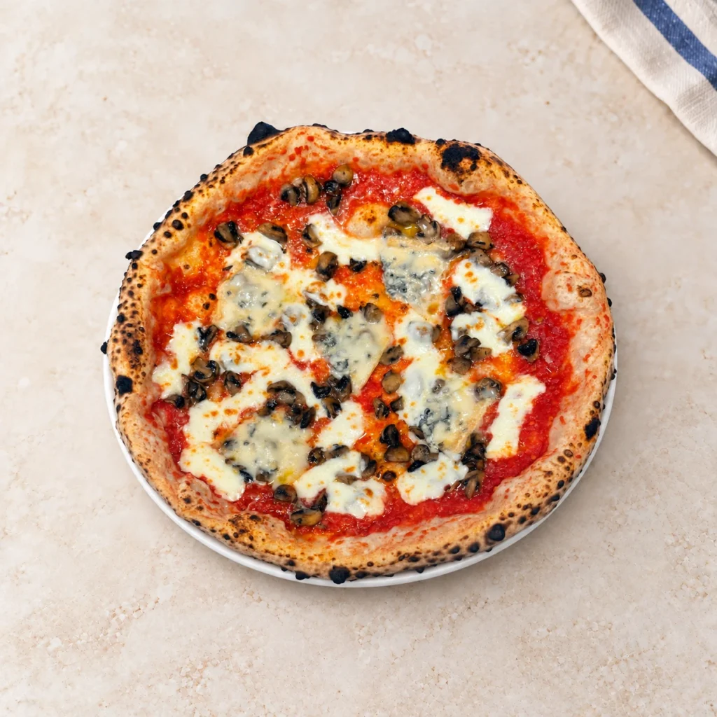 Pizza Gorgonzola z grzybami, serem pleśniowym i sosem pomidorowym