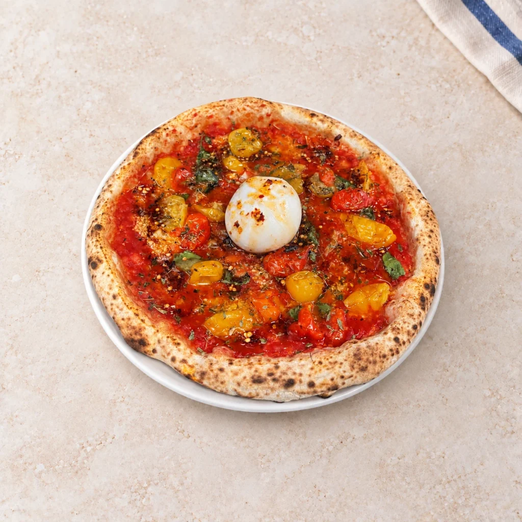 Pizza Marinara e Burrata Hot z burratą, czerwonymi i żółtymi pomidorkami oraz ziołami