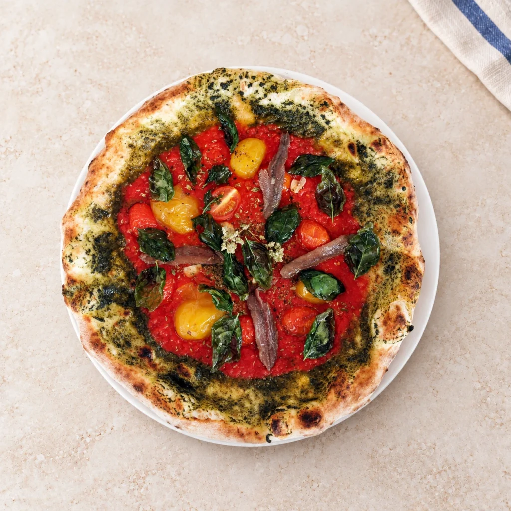 Pizza Marinara Sbagliata z pomidorkami, anchois i bazylią