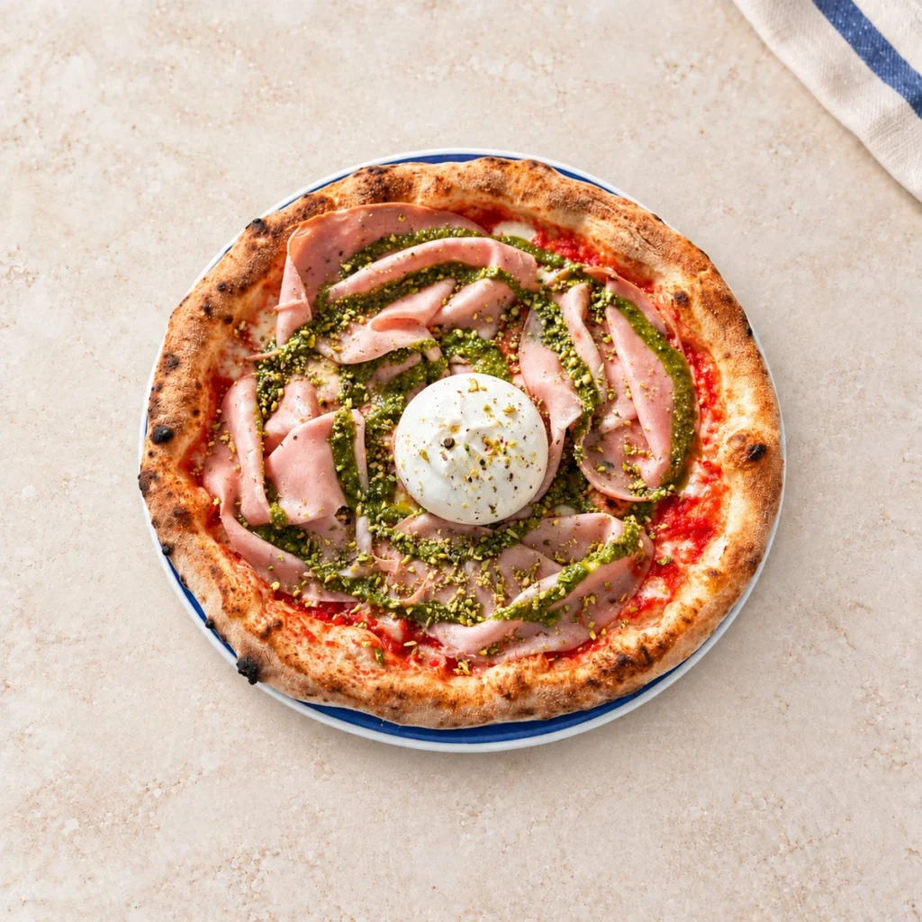 Pizza Mortadella z plastrami mortadelli, burratą, pesto i posiekanymi pistacjami