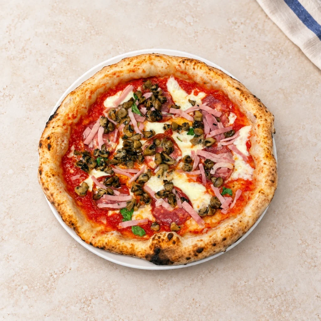 Pizza Ortolana z grzybami, paskami szynki i roztopionym serem