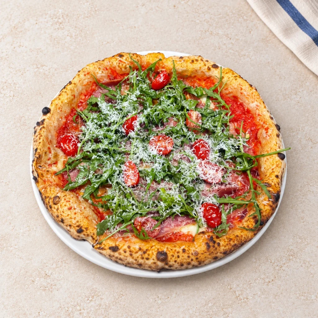 Pizza Parma z szynką, rukolą, pomidorkami i tartym serem
