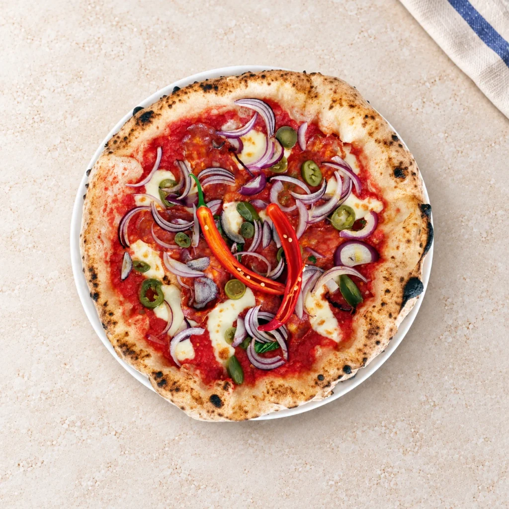 Pizza Peperoncino z papryczkami, czerwoną cebulą i serem