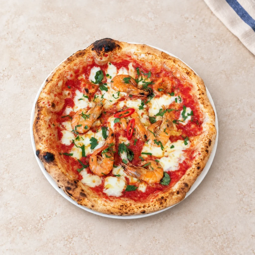 Pizza Scampi z krewetkami, serem, papryczką chili i ziołami