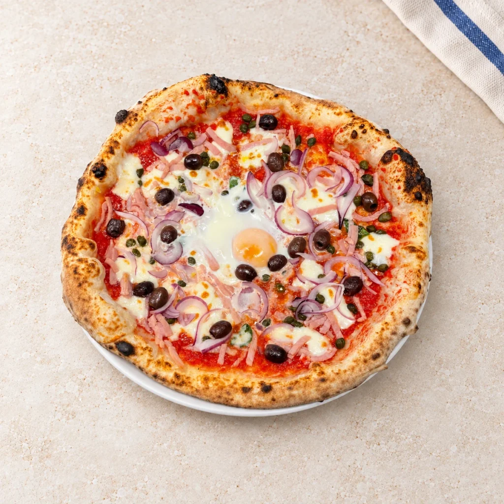 Pizza Uovo z jajkiem pośrodku, szynką, oliwkami, kaparami i czerwoną cebulą